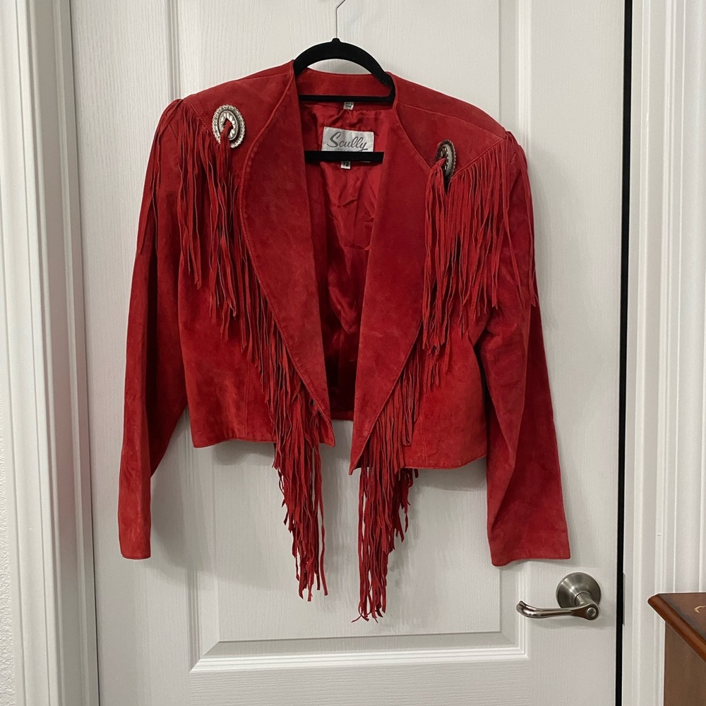 The Kelly Jacket. Red suede fringe jacket.